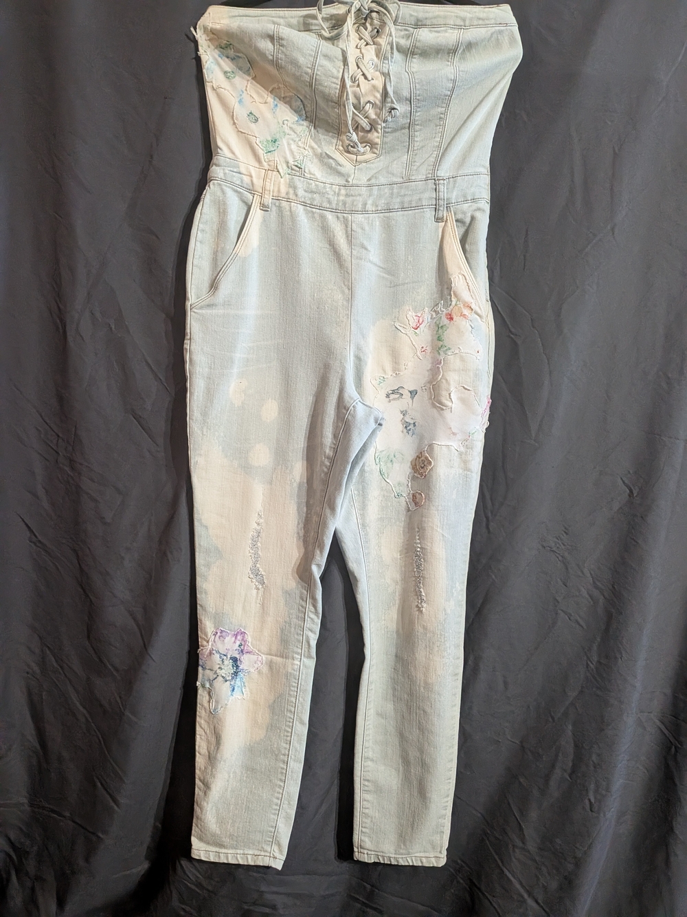 Women’s Light Wash Strapless Jumpsuit with Lace-Up Bodice